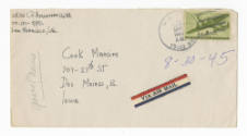 Handwritten envelope addressed to "Cook Mansion" postmarked August 30, 1945