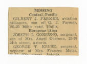 Printed newspaper clipping titled "Missing"