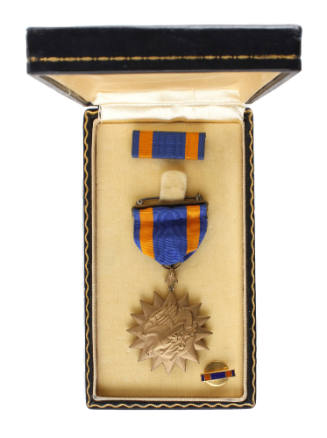 Open box with Air Medal, ribbon bar and lapel pin inside