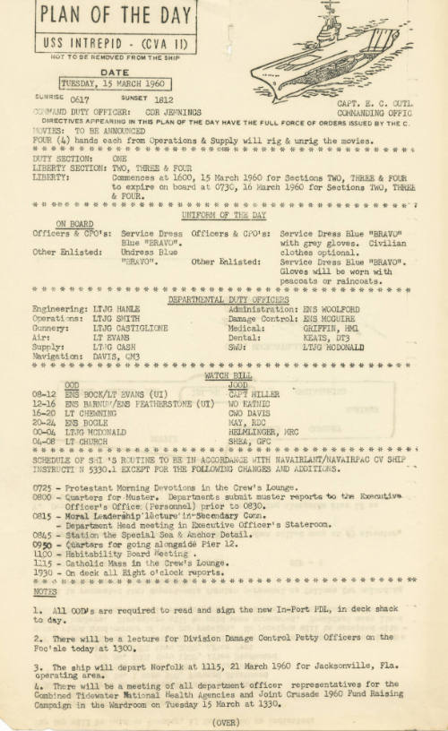 Printed schedule for USS Intrepid titled "Plan of the Day" with a drawing of the aircraft carri…