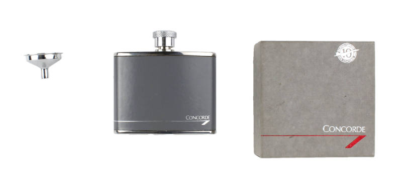 Concorde souvenir pocket flask (center) with silver funnel (left) and presentation box (right)