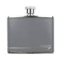 Silver pocket flask with gray leather wrapped around body and "Concorde" speedwing logo at bott…