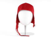 Red canvas flight deck cap with chin strap and buckle on mannequin head form