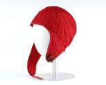 Right side view of red canvas flight deck cap with chin strap and buckle on mannequin head form