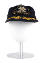 Front view of "The Fighting Lady" baseball cap with gold oak leaves on brim, on a mannequin hea…