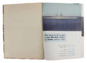 Interior pages of USS New Jersey cruise book, image of battleship at sea in top half of right p…