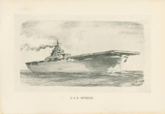 Printed USS Intrepid commissioning ceremony program dated August 16, 1943 with a drawing of Int…