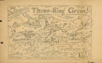 Cartoon on back of Plan of the Day titled "Three Ring Circus" showing aircraft in flight, crewm…