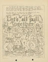 Printed cartoon that reads "Let's all pull Together" with drawings of a dark-skinned steward's …
