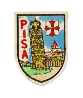 Shield shaped patch with colored image of the Leaning Tower of Pisa