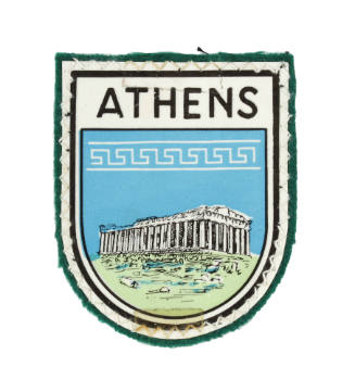 Shield shaped patch stitched to green felt backing with color image of Parthenon in center