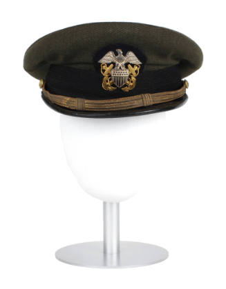 U.S. Navy officer combination cap with drab green cover, displayed on a mannequin head form