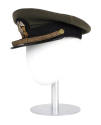 U.S. Navy officer combination cap with drab green cover, side view displayed on a mannequin hea…