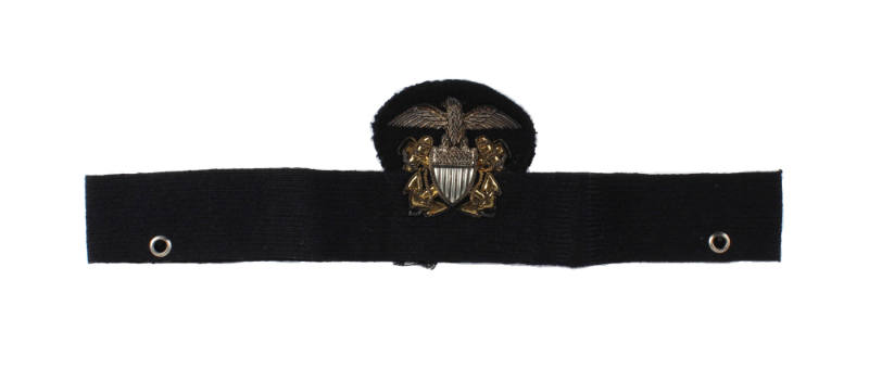 Front of hatband with U.S. Navy officer insignia on a round tab