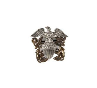 Officer insignia pin with silver eagle and shield over bronze crossed anchors