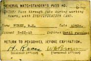 Printed General Watchstander's Pass for R.E. Nurse dated May 22, 1943