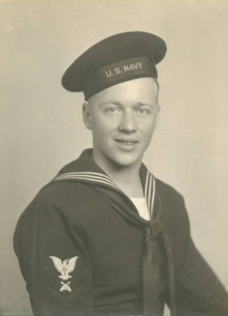Printed black and white photograph of Byron B. Joslin in U.S. Navy dress blue uniform