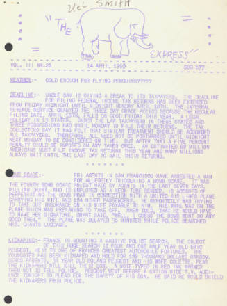 Printed newsletter titled "Elephant Express" dated April 14, 1960 with a drawing of an elephant