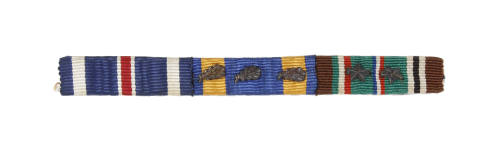 Ribbon bar with three multicolored striped ribbons and bronze oak leaf devices