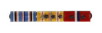 Ribbon board with three mutlicolored striped ribbons and bronze star devices 
