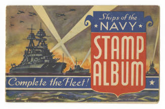Printed cover of Ships of the Navy Stamp Album with color drawings of naval ships at sea