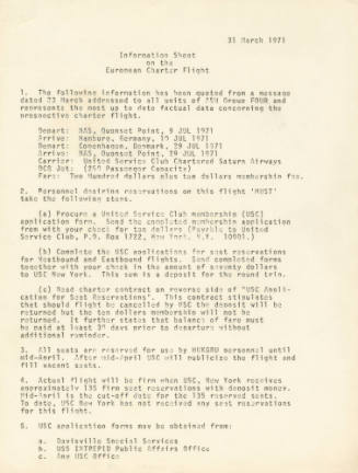 Printed Information Sheet on the European Charter Flight dated March 31, 1971