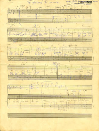 Printed music sheet with handwritten notes and lyrics for the Fighting "I" March.