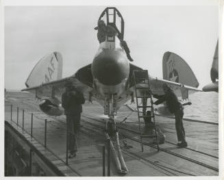 Black and white photograph of F4D Skyray on Intrepid's flight deck