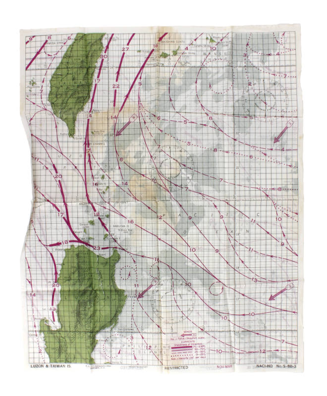 Silk navigational chart with cartographic markings, green land masses and purple current lines