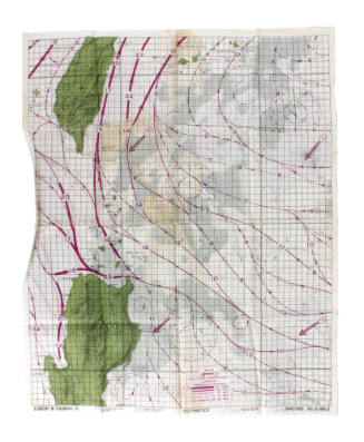 Silk navigational chart with cartographic markings, green land masses and purple current lines