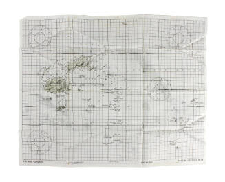 Silk navigational chart with cartographic markings and green land masses