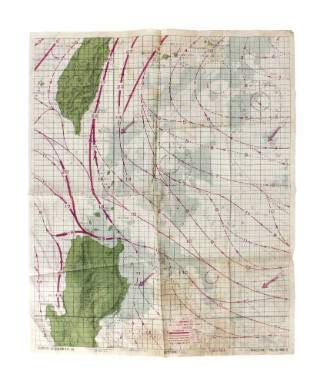 Silk navigational chart with cartographic markings, green land masses and magenta current lines