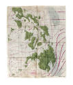 Silk navigational chart with cartographic markings, green land masses and magenta current lines