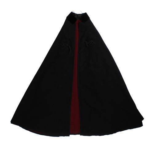 Front of black cape with front panels open to reveal red interior lining, laying flat