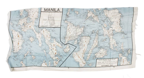 Silk navigational chart of Manila in the Philippines, with cartographic markings, white and bro…