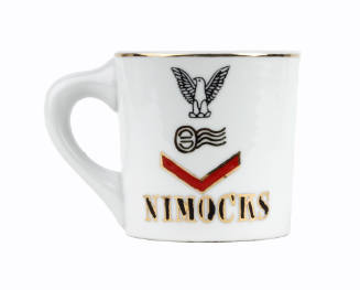 White ceramic mug with image of eagle, postal clerk rating symbol, red chevron and "Nimocks" in…