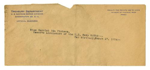 Printed envelope addressed to "Miss Harriet Ida Pickens, Reserve Lieutenant of the U.S. Navy WA…