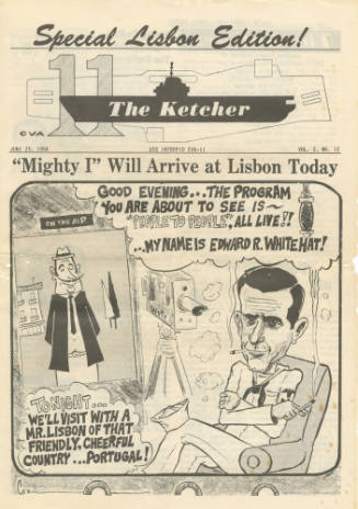Printed USS Intrepid newspaper The Ketcher dated June 25, 1958 with a cartoon of a man in front…