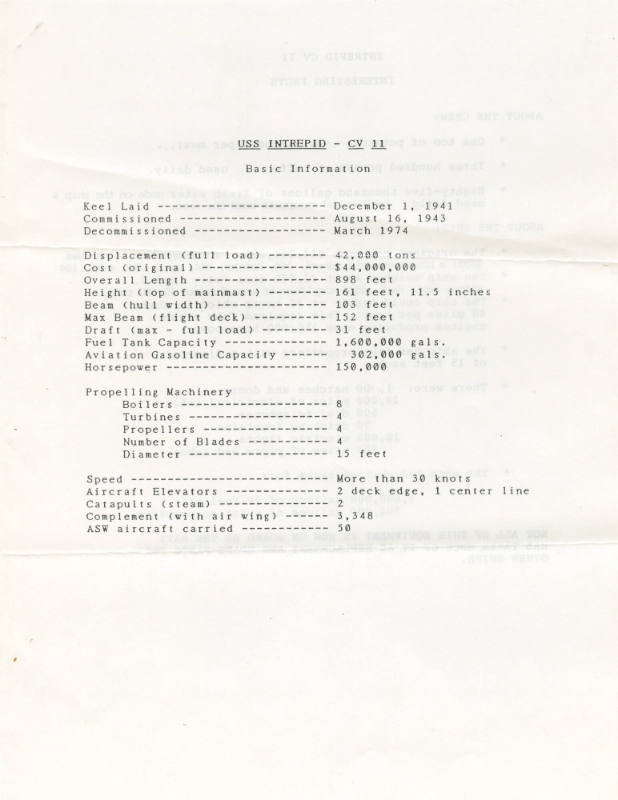 Printed list titled "USS Intrepid Basic Information"