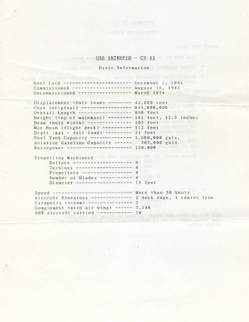 Printed list titled "USS Intrepid Basic Information"