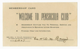 Printed membership card to the Pensacola Club for Ens. W.M. Hays