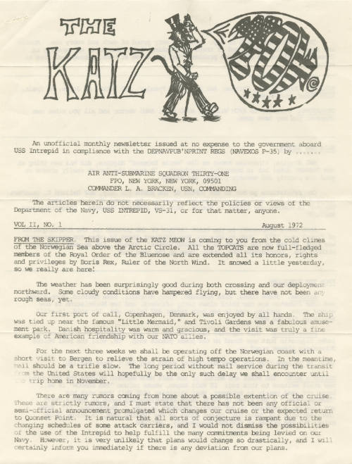 Printed VS-31 newsletter titled The Katz dated August 1972 with a drawing of a cat in a top hat…