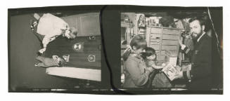 Printed black and white photo cells with two photographs of a man, woman and child on board USS…