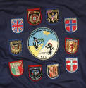 Close up view of patches on back of cruise jacket, shields with the names of various countries …