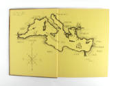 Inside front cover of 1960–1961 USS Intrepid cruise book with a drawing of a map and handwritte…