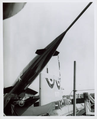 Printed black and white photograph of the Regulus II missile on the submarine USS Growler