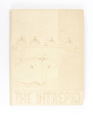 Tan hardcover USS Intrepid cruise book for 1943 with a raised image of Intrepid and aircraft on…