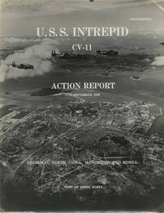 Black and white photograph cover of the USS Intrepid Action Report from 1-12 September 1945 wit…