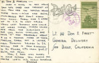 Handwritten postcard from George to Lt (jg) Don E. Freet postmarked August 4, 1945