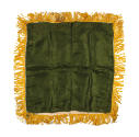Back of square silk pillowcase that is green with yellow fringe